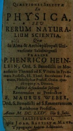 Quaestiones Selectae Ex Physica, Seu Rerum Naturalium Scientia