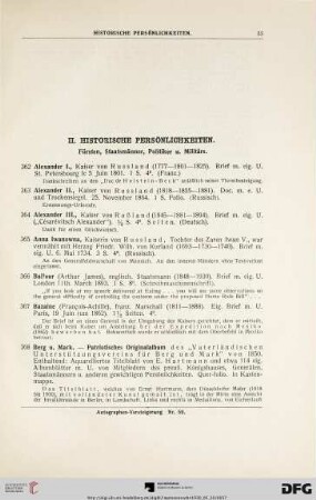 II. Historische Persönlichkeiten. Fürsten, Staatsmänner, Politiker u. Militärs (Nr. 362-444)