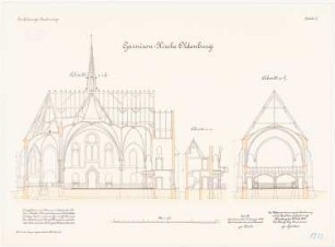 Garnisonskirche, Oldenburg: Längsschnitt, Querschnitte 1:100