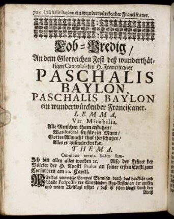 [Siben und dreyßigste] Lob-Predig, Paschalis Baylon ein wunderwürckender Franciscaner – [Ein und viertzigste] Lob-Predig, Petrus Baptista und seine Gesellen Heil. Granat-Aepffel