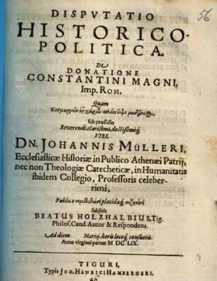 Disputatio historico-politica de donatione Constantini Magni Imp. Rom.