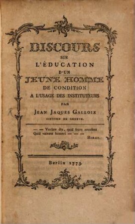 Discours sur l'éducation d'un jeune homme de condition
