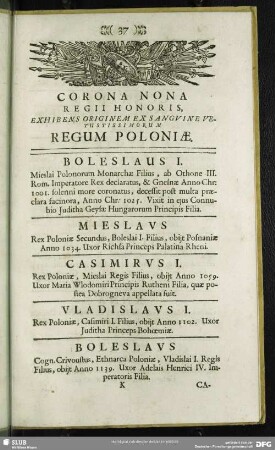 Corona Nona Regii Honoris, Exhibens Originem Ex Sanguine vetustissimorum Regum Poloniae