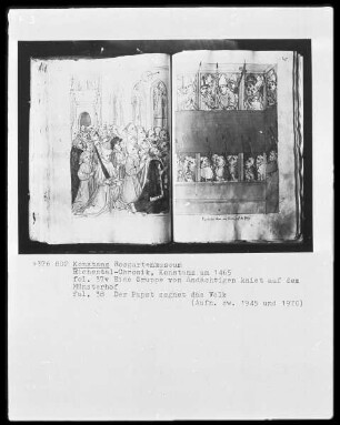 Chronik des Konstanzer Konzils — Der Papst segnet eine Gruppe von Andächtigen auf dem Münsterhof, Folio 37verso-38recto