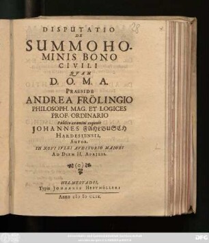 Disputatio De Summo Hominis Bono Civili