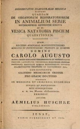 Dissertatio inauguralis medica sistens Quaedam de organorum respiratoriorum in animalium serie metamorphosi generatim scripta et de vesica nalatoria piscium quaestio