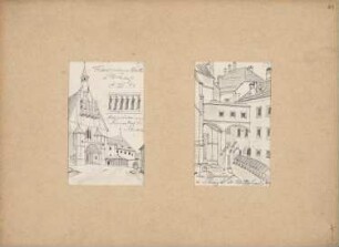 Reiseskizzen aus Österreich, Deutschland und Italien: Schwaz: Franziskanerkloster (Perspektivische Ansicht, Detail), Pfarrhof (Perspektivische Ansicht)