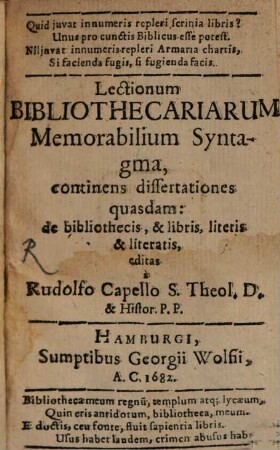Lectionum Bibliothecariarum memorabilis Syntagma