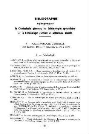 195-246, Bibliographie concernant la criminologie générale, les criminologies spécialisées, la criminologie spéciale et la pathologie sociale