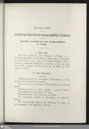 Programm eines einjährigen Cursus an der Königlichen Kunstakademie und Kunstgewerbeschule zu Leipzig