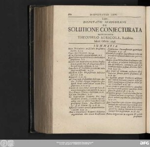 LXIV. Disputatio Inauguralis De Solutione Conecturata Respondente Theophilo Agricola, Ratisbon. Mens. Octobr 1696.