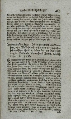 Antwort auf die Frage: Ob ein protestantischer Domherr, ohne Rücksicht auf ein statuten- oder gewohnheitsmäßigen Cölibat, befugt sey, mit Beybehaltung der Präbende zu herirathen?