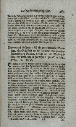 Antwort auf die Frage: Ob ein protestantischer Domherr, ohne Rücksicht auf ein statuten- oder gewohnheitsmäßigen Cölibat, befugt sey, mit Beybehaltung der Präbende zu herirathen?