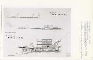 Schule Neu-Altona, Hamburg-Altona (Diplomarbeit bei Bernhard Hermkes): Schnittansichten 1:200 und Perspektivische Ansicht Musenhof