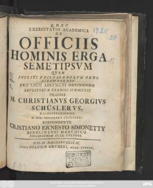 Exercitatio Academica De Officiis Hominis Erga Semetipsvm