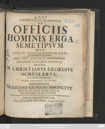 Exercitatio Academica De Officiis Hominis Erga Semetipsvm