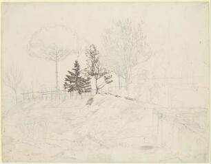 Landschaft bei Rom: Garten mit Weinstöcken, Bäumen und einer Mauerecke vorne rechts, im Garten eine Frau mit zwei Kindern