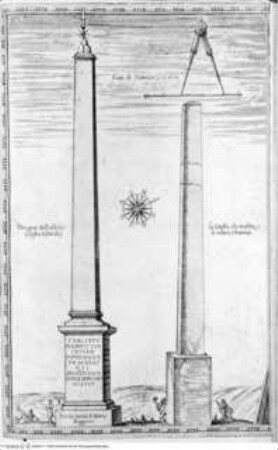 Della trasportatione dell'obelisco Vaticano et delle fabriche di Nostro Signore Papa Sisto V. / fatte dal Cavallier Domenico Fontana. Libro Primo, Folio 78: Villa Montalto-Pedretti, Detail: Gartentor, "Porta Quirinalis", Ansicht und Grundriss