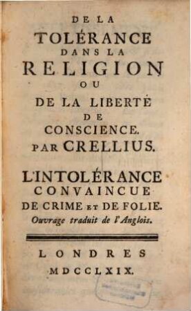 De la Tolerance dans la Religion