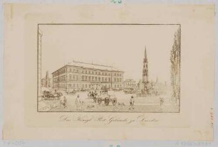 Das Königliche Postgebäude auf dem Postplatz (ehem. Wilsdruffer Platz), an der Nordseite des Antonplatzes, mit dem Cholerabrunnen 1846 fertig, Blick nach Südwesten