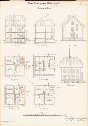 Leuchtfeuer auf Taksensand: Wärterwohnhaus: Ansichten, Grundrisse KG, EG, 1.OG, DG, Schnitte 1:100