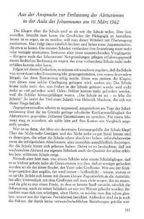 Aus der Ansprache zur Entlassung der Abiturienten in der Aula des Johanneums am 10. März 1962