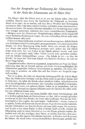 Aus der Ansprache zur Entlassung der Abiturienten in der Aula des Johanneums am 10. März 1962