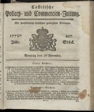 44tes Stueck, Montag den 2ten November. 1778