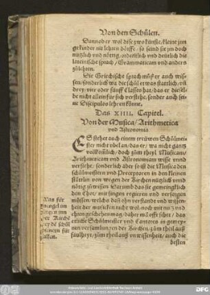 Das XIIII. Capitel. Von der Musica/ Arithmetica und Astronomia.