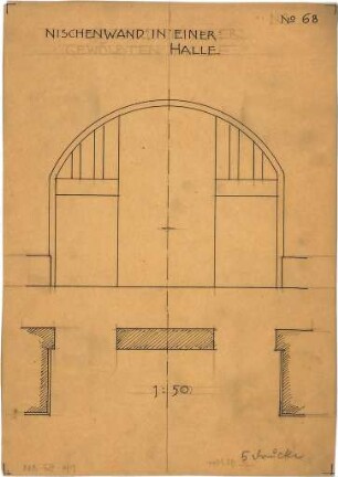 Pfann, Paul; Übungsblätter zur Perspektive - Nischenwand in der Halle (Teilgrundriss, Ansicht)