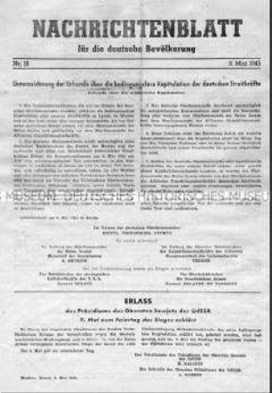 Sowjetisches Nachrichtenblatt zur bedingungslosen Kapitulation der deutschen Streitkräfte