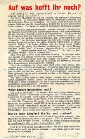 Abwurf-Flugblatt der Alliierten mit einer Gegenüberstellung von Aussagen führender Nazis mit der realen Krieglage Ende 1943