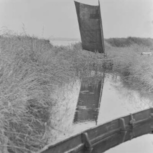 Ein mit Wasser vollgelaufenes Ruderboot und ein Segel