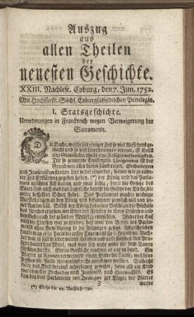 XXII. Nachlese. Coburg, den 7. Jun. 1752.