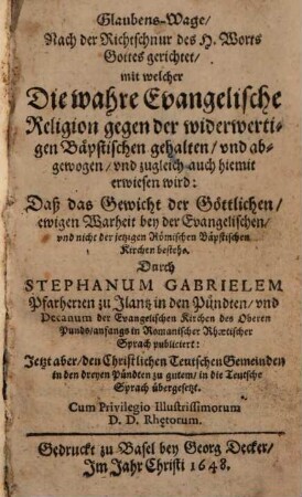 Glaubens Wage nach der Richtschnur des h. Wort Gottes gerichtet