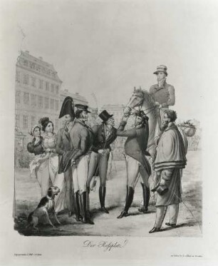 Der Roßplatz : Opiz, Georg Emanuel. Der Roßplatz. Aus: Leipziger Messe, H. 1. Stich, koloriert; 28 x 24 cm. 1825. Leipzig: Stadtgeschichtliches Museum XV B KK 35