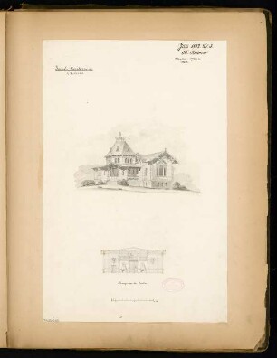 Jagdhaus Monatskonkurrenz Juli 1882: Perspektivische Ansicht, Längsschnitt durch den Saal; Maßstabsleiste