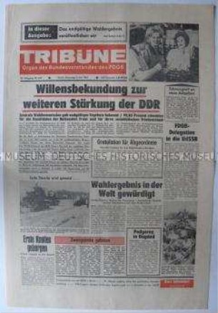 Tageszeitung des FDGB "Tribüne" mit den Ergebnissen der Volkskammerwahl