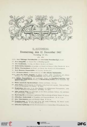 III. Auctionstag: Donnerstag, den 12. Dezember 1907, Vormittag 10 Uhr (Nr. 475-670)