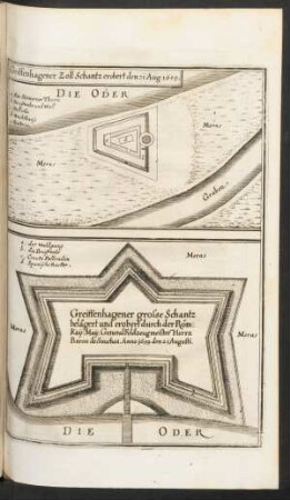 Griffenhagener Zoll Schantz erobert den 21 Aug. 1659. Greiffenhagener grosse Schantz belägert und erobert durch der Röm: Kay: May: General Feldzeugmeister Herrn Baron de Souches. Anno 1659. den 21 Augusti