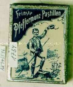 Automaten-Blechdose für "Feinste Pfeffermünz-Pastillen" (Abbildung eines Wanderers)