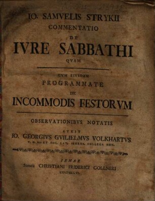 Io. Samvelis Strykii Commentatio De Ivre Sabbathi