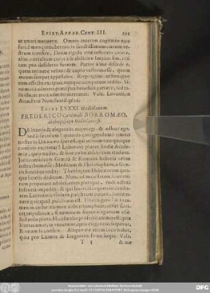 Epist. LXXXI. Mediolanum. Frederico Cardinali Borromaeo, Archiepiscopo Mediolanensi.