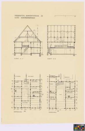 Grebenstein (Landkreis Kassel): Bahnhofstraße 39, Altes Ackerbürgerhaus. Haupthaus (Längsschnitt B-B, Querschnitt A-A, Grundriss des Erdgeschosses mit Balkenlage, Grundriss des Obergeschosses mit Balkenlage)