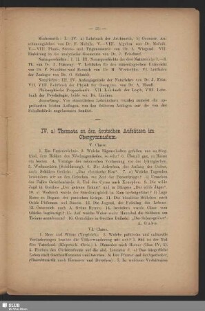 IV. a) Themata zu den deutschen Aufsätzen im Obergymnasium. b) Themata zu den slovenischen Aufsätzen