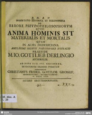 Dissertatio Historica Et Philosophica De Errore Pseudophilosophorum Quod Anima Hominis Sit Materialis Et Mortalis