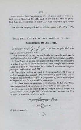ÉCOLE POLYTECHNIQUE DE PARIS; CONCOURS DE 1884.