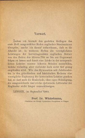Ausgewählte Reden Englischer Staatsmänner : Für den Schulgebrauch erklärt von J. C. A. Winkelmann