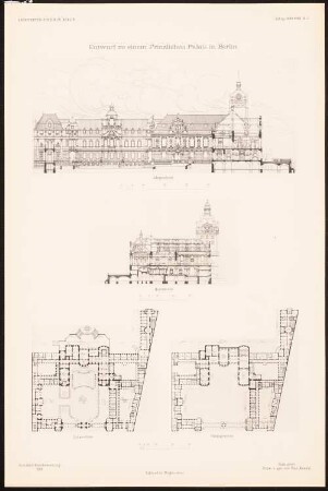Prinzliches Palais, Berlin: Längsschnitt, Querschnitt, Grundriss EG, 1. OG (aus: Entwürfe von Mitgl. d. AVB, Neue Folge 1899/00)