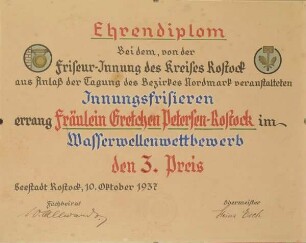 EHRENDIPLOM FÜR GRETCHEN PETERSEN AUS ROSTOCK